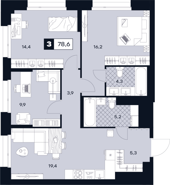 1-комнатная квартира №386 78,6 м2 от застройщика ГК ТОЧНО