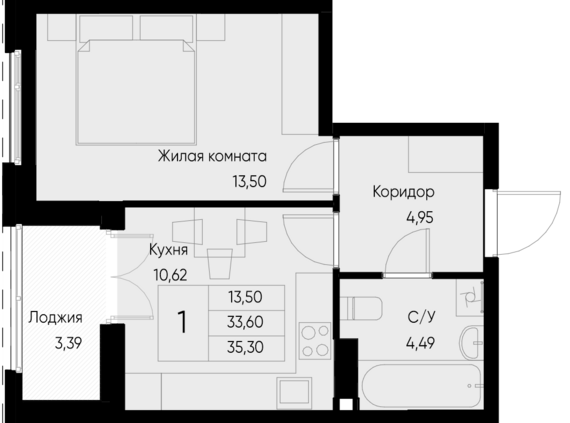 1-комнатная квартира №59 35,3 м2 от застройщика ГК ТОЧНО