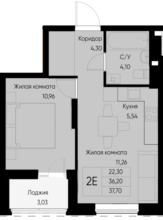 евро 2 к.кв. №49 37,7 м2 от застройщика ГК ТОЧНО
