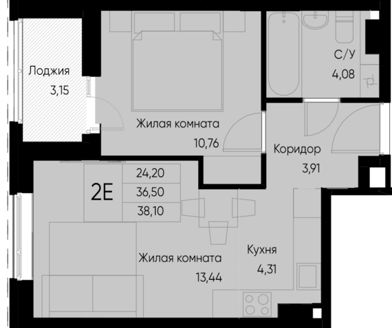 евро 2 к.кв. №105 38,1 м2 от застройщика ГК ТОЧНО