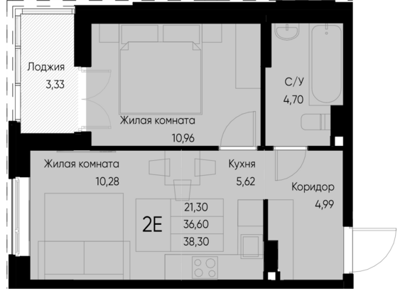 евро 2 к.кв. №120 38,3 м2 от застройщика ГК ТОЧНО