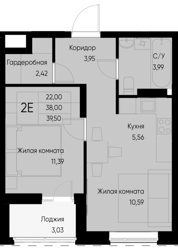 евро 2 к.кв. №27 39,5 м2 от застройщика ГК ТОЧНО