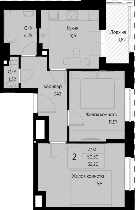 2-комнатная квартира №109 52,2 м2 от застройщика ГК ТОЧНО