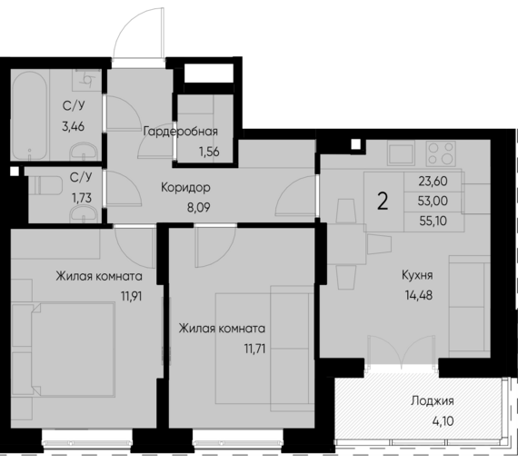 2-комнатная квартира №7 55,1 м2 от застройщика ГК ТОЧНО