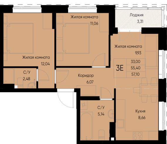 евро 3 к.кв. №11 57,1 м2 от застройщика ГК ТОЧНО