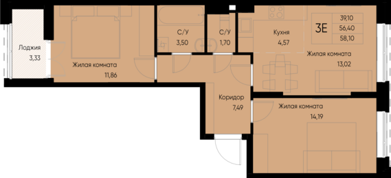 евро 3 к.кв. №61 58,1 м2 от застройщика ГК ТОЧНО