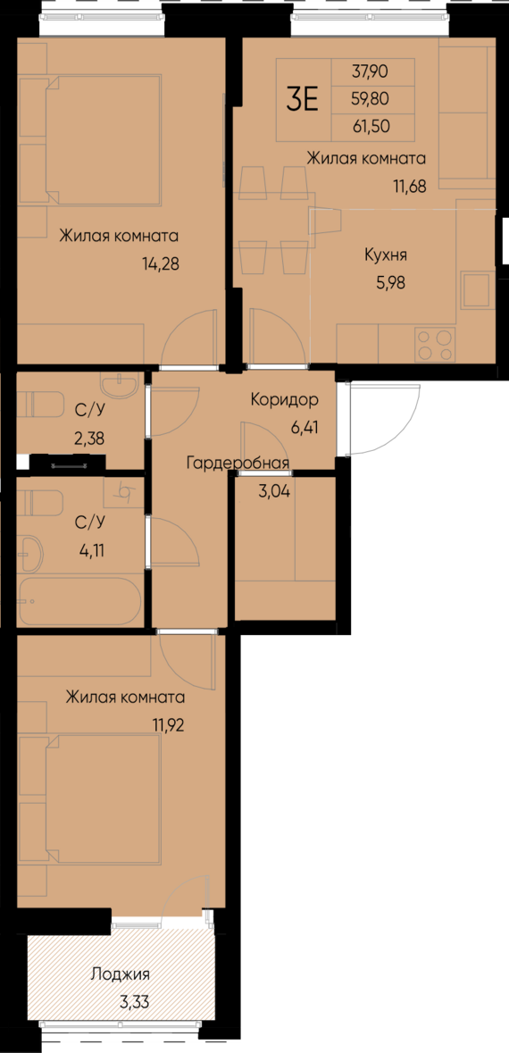 евро 3 к.кв. №15 61,5 м2 от застройщика ГК ТОЧНО