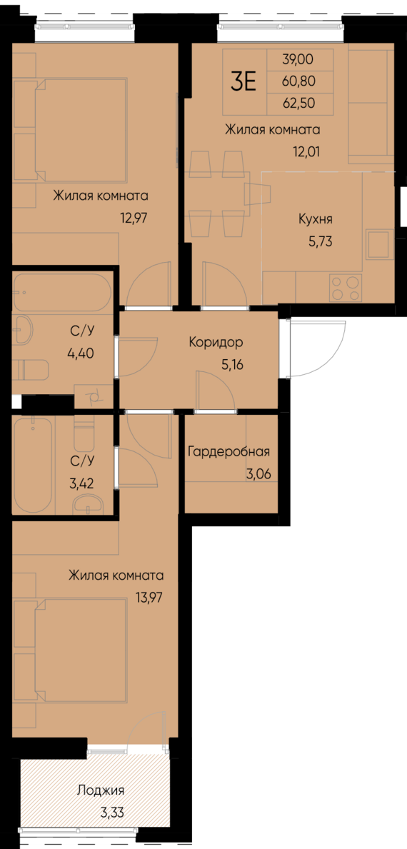 евро 3 к.кв. №30 62,5 м2 от застройщика ГК ТОЧНО