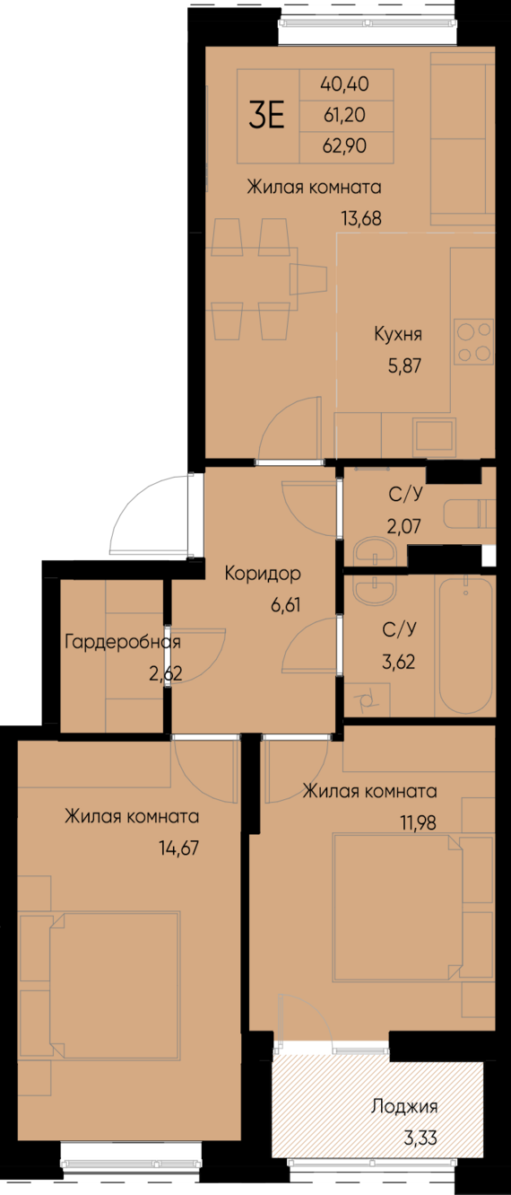 евро 3 к.кв. №80 62,9 м2 от застройщика ГК ТОЧНО