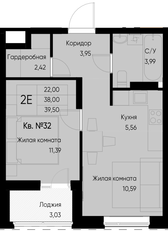 евро 2 к.кв. №37 39,5 м2 от застройщика ГК ТОЧНО