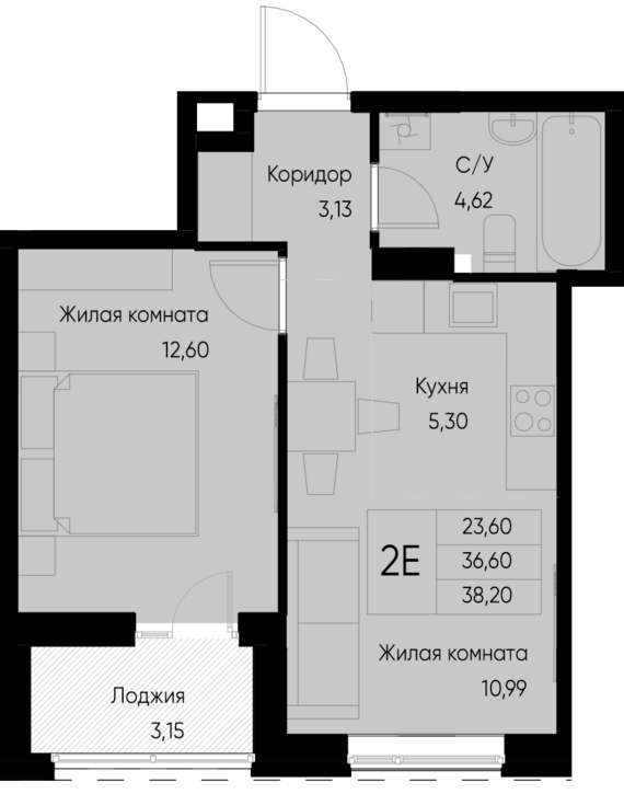 евро 2 к.кв. №87 38,2 м2 от застройщика ГК ТОЧНО