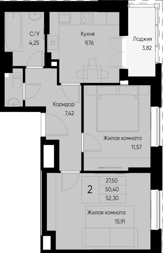 2-комнатная квартира №133 52,3 м2 от застройщика ГК ТОЧНО