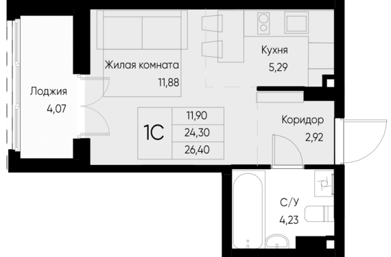 Студия №96 26,4 м2 от застройщика ГК ТОЧНО
