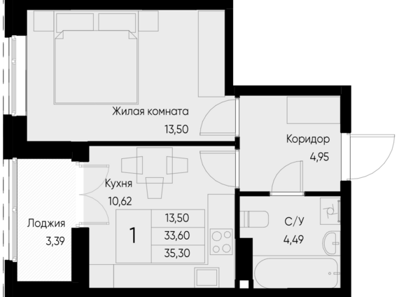 1-комнатная квартира №95 35,3 м2 от застройщика ГК ТОЧНО