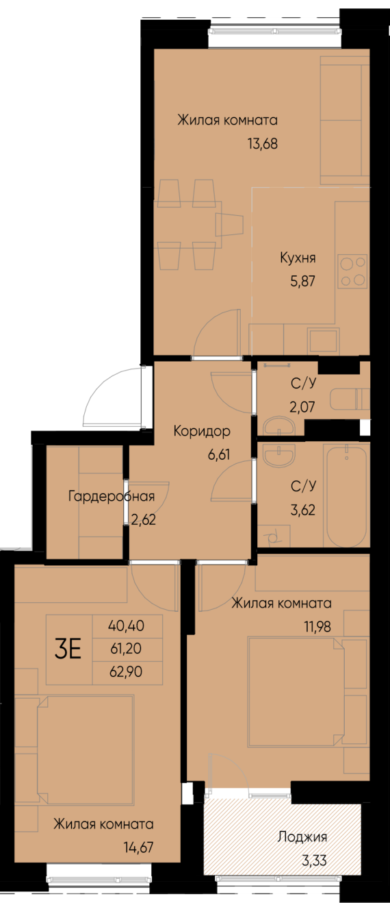 евро 3 к.кв. №92 62,9 м2 от застройщика ГК ТОЧНО