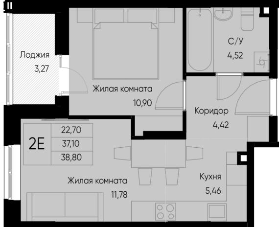 евро 2 к.кв. №2 38,8 м2 от застройщика ГК ТОЧНО