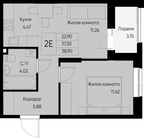 евро 2 к.кв. №4 38,9 м2 от застройщика ГК ТОЧНО