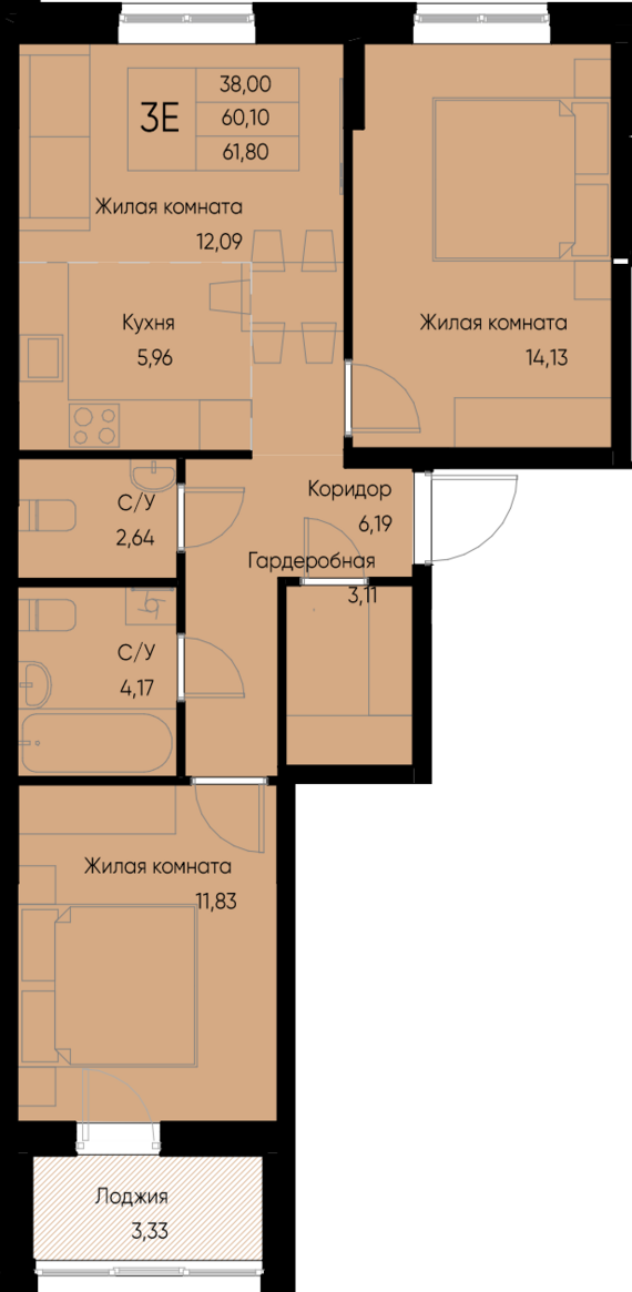 евро 3 к.кв. №81 61,8 м2 от застройщика ГК ТОЧНО