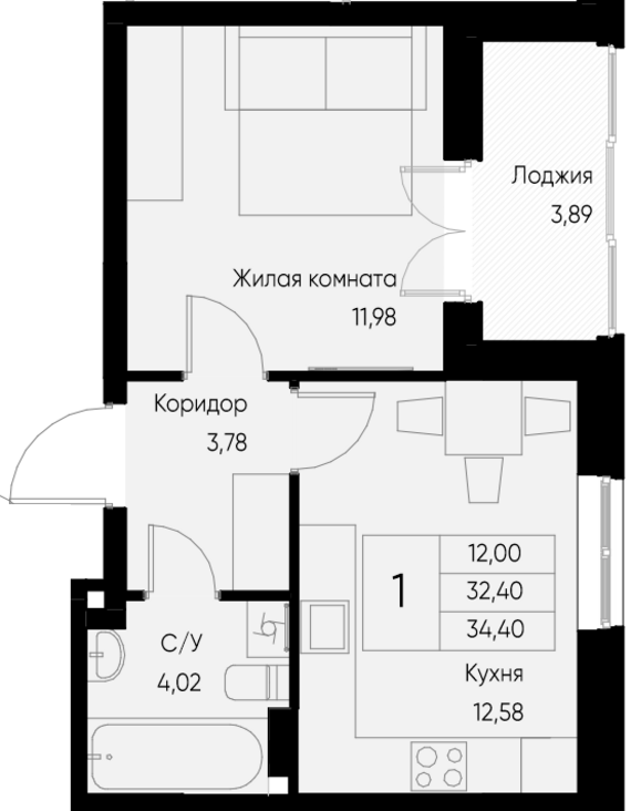 1-комнатная квартира №11 34,4 м2 от застройщика ГК ТОЧНО
