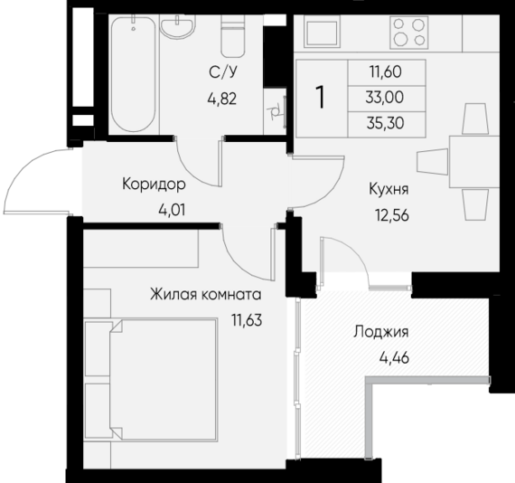 1-комнатная квартира №55 35,3 м2 от застройщика ГК ТОЧНО