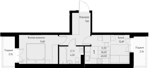 1-комнатная квартира №36 40 м2 от застройщика ГК ТОЧНО