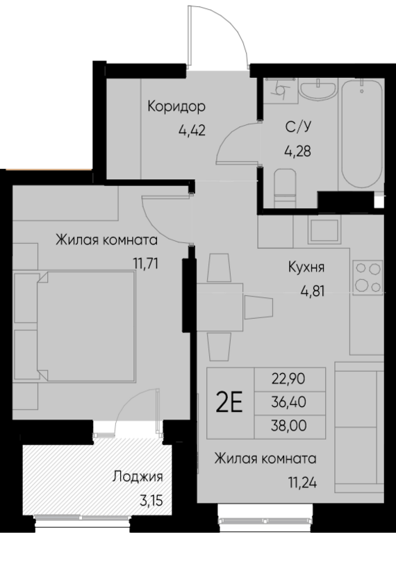 евро 2 к.кв. №105 38 м2 от застройщика ГК ТОЧНО