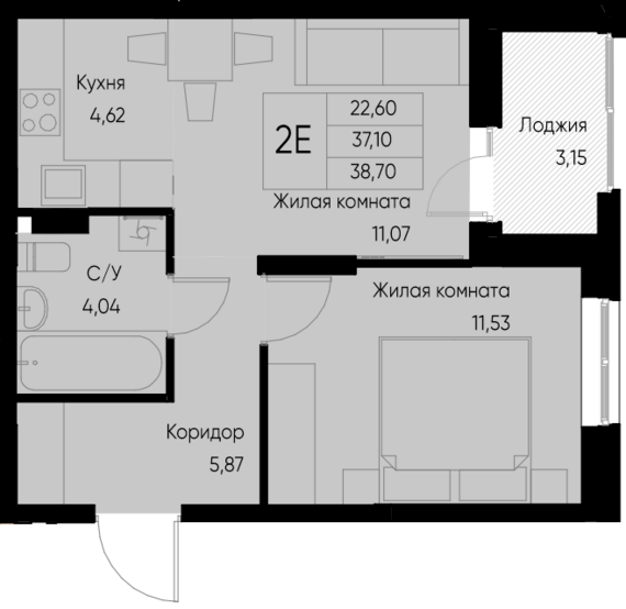 евро 2 к.кв. №10 38,7 м2 от застройщика ГК ТОЧНО