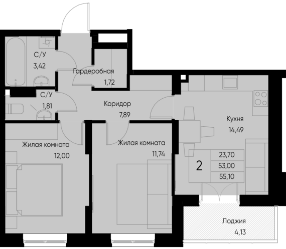 2-комнатная квартира №103 55,2 м2 от застройщика ГК ТОЧНО