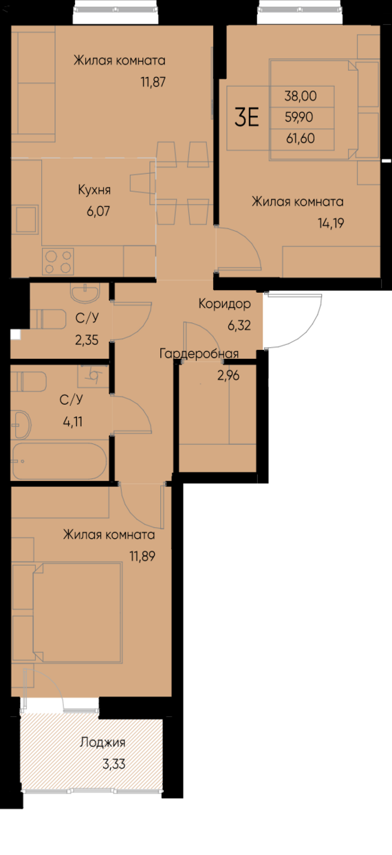 евро 3 к.кв. №106 61,6 м2 от застройщика ГК ТОЧНО