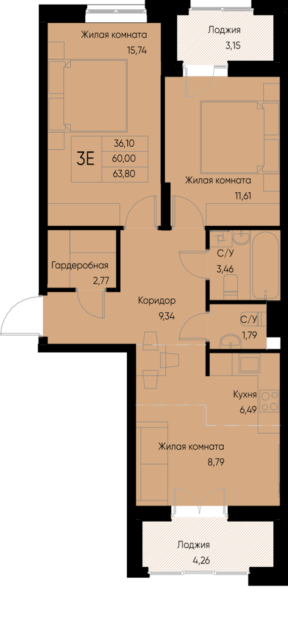 евро 3 к.кв. №59 63,8 м2 от застройщика ГК ТОЧНО