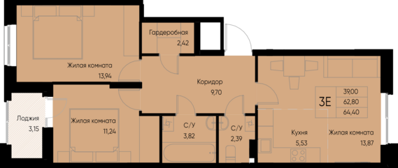 евро 3 к.кв. №46 64,4 м2 от застройщика ГК ТОЧНО
