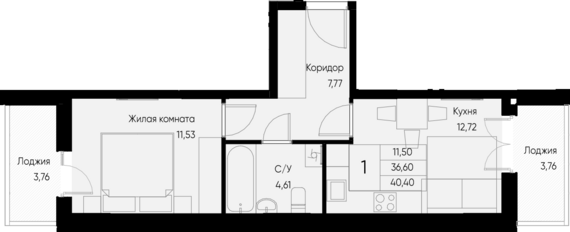 1-комнатная квартира №1 40,4 м2 от застройщика ГК ТОЧНО