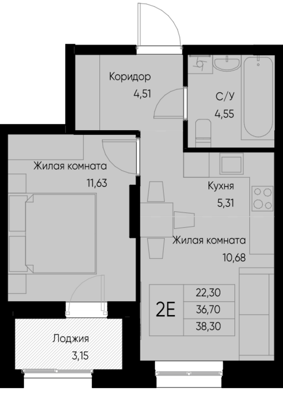евро 2 к.кв. №80 38,3 м2 от застройщика ГК ТОЧНО