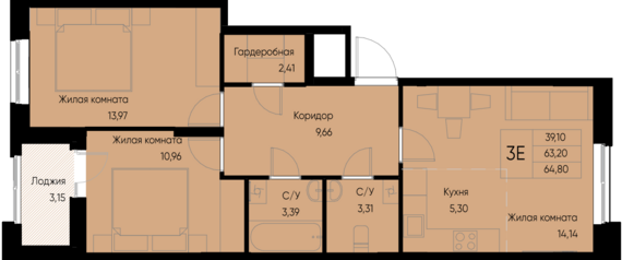 евро 3 к.кв. №41 64,8 м2 от застройщика ГК ТОЧНО