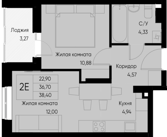 2-комнатная квартира №19 38,4 м2 от застройщика ГК ТОЧНО