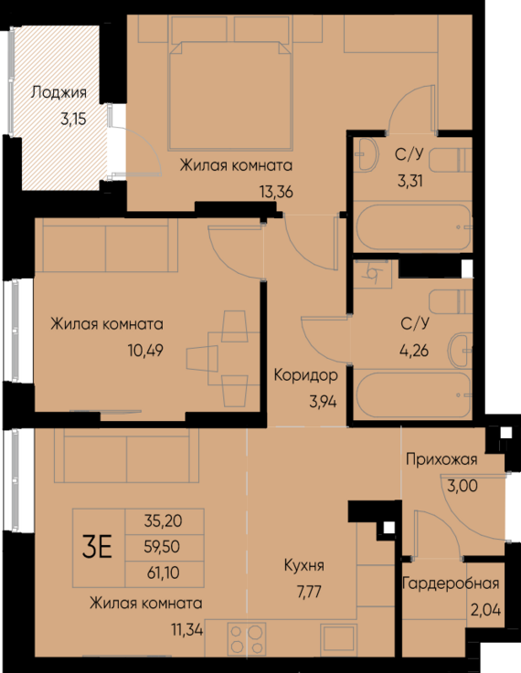 евро 3 к.кв. №39 61,1 м2 от застройщика ГК ТОЧНО