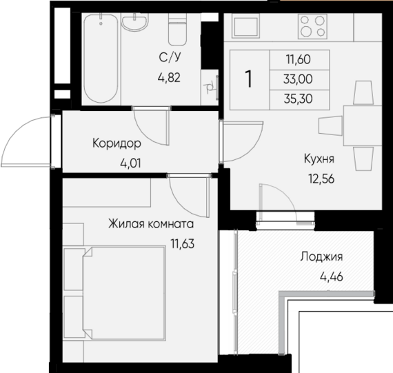 1-комнатная квартира №75 35,3 м2 от застройщика ГК ТОЧНО