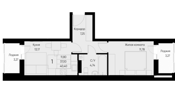1-комнатная квартира №67 40 м2 от застройщика ГК ТОЧНО