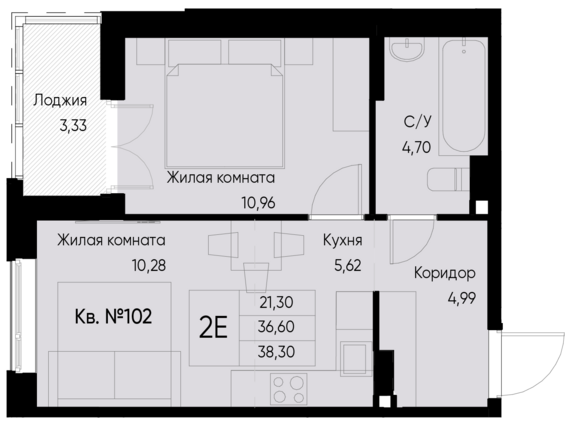 евро 2 к.кв. №102 38,3 м2 от застройщика ГК ТОЧНО