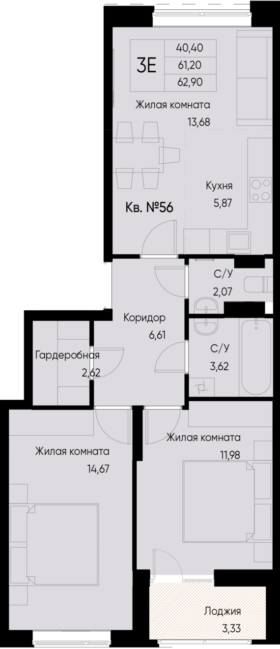 евро 3 к.кв. №56 62,9 м2 от застройщика ГК ТОЧНО
