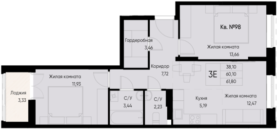 евро 3 к.кв. №98 61,8 м2 от застройщика ГК ТОЧНО