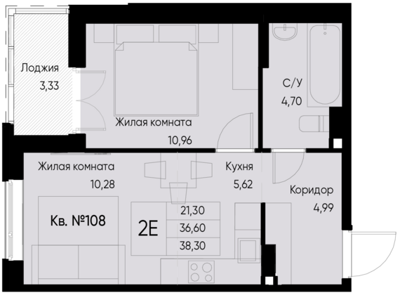 евро 2 к.кв. №108 38,3 м2 от застройщика ГК ТОЧНО