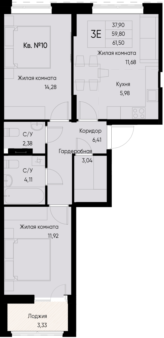 евро 3 к.кв. №10 61,5 м2 от застройщика ГК ТОЧНО
