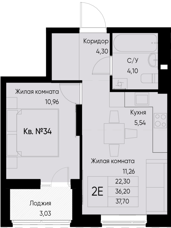 евро 2 к.кв. №34 37,7 м2 от застройщика ГК ТОЧНО