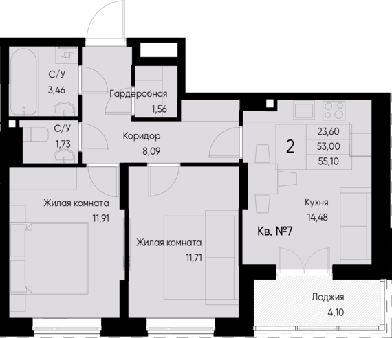2-комнатная квартира №7 55,1 м2 от застройщика ГК ТОЧНО
