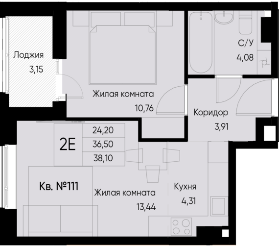 евро 2 к.кв. №111 38,1 м2 от застройщика ГК ТОЧНО
