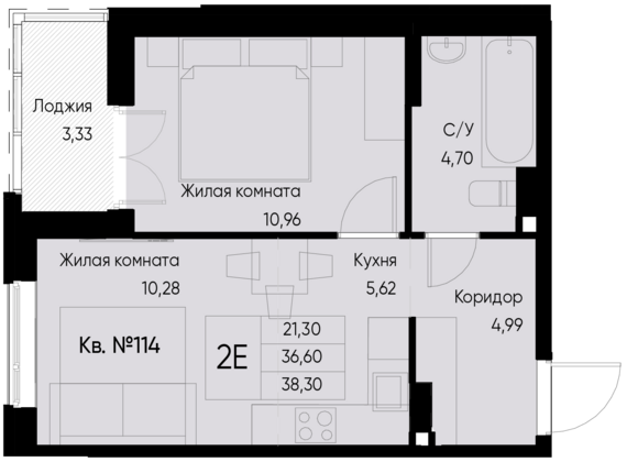 евро 2 к.кв. №114 38,3 м2 от застройщика ГК ТОЧНО
