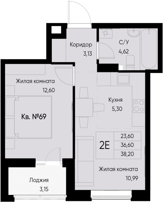 евро 2 к.кв. №69 38,2 м2 от застройщика ГК ТОЧНО