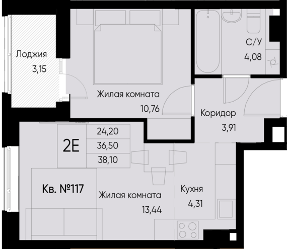 евро 2 к.кв. №117 38,1 м2 от застройщика ГК ТОЧНО