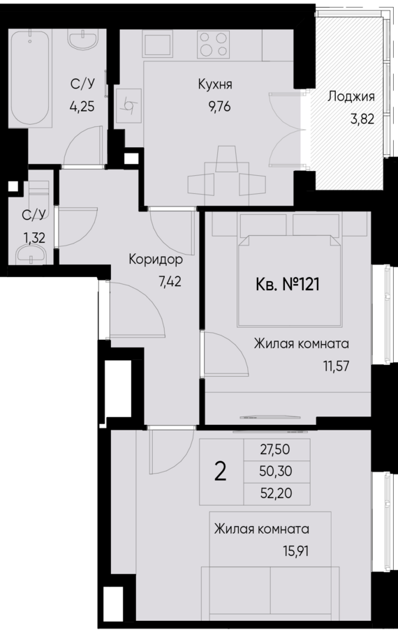 2-комнатная квартира №121 52,2 м2 от застройщика ГК ТОЧНО